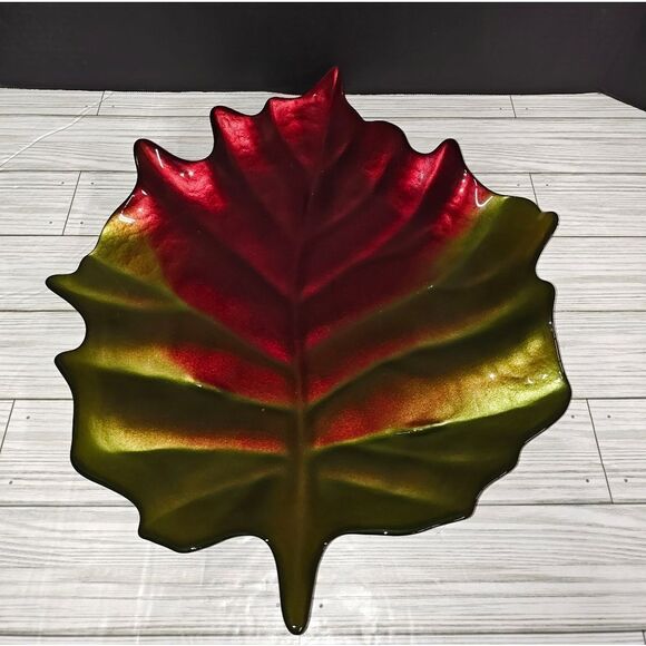 Home Decor Autumn Fall Glass Leaf Decorative Tray Platter Red Green Multicolor - Picture 1 of 8